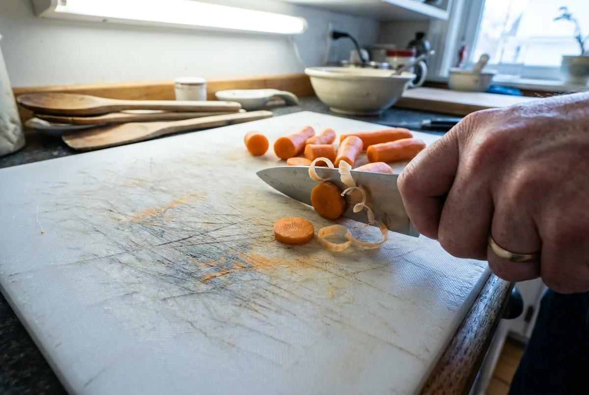 A deeply scored plastic cutting board with stained knife grooves