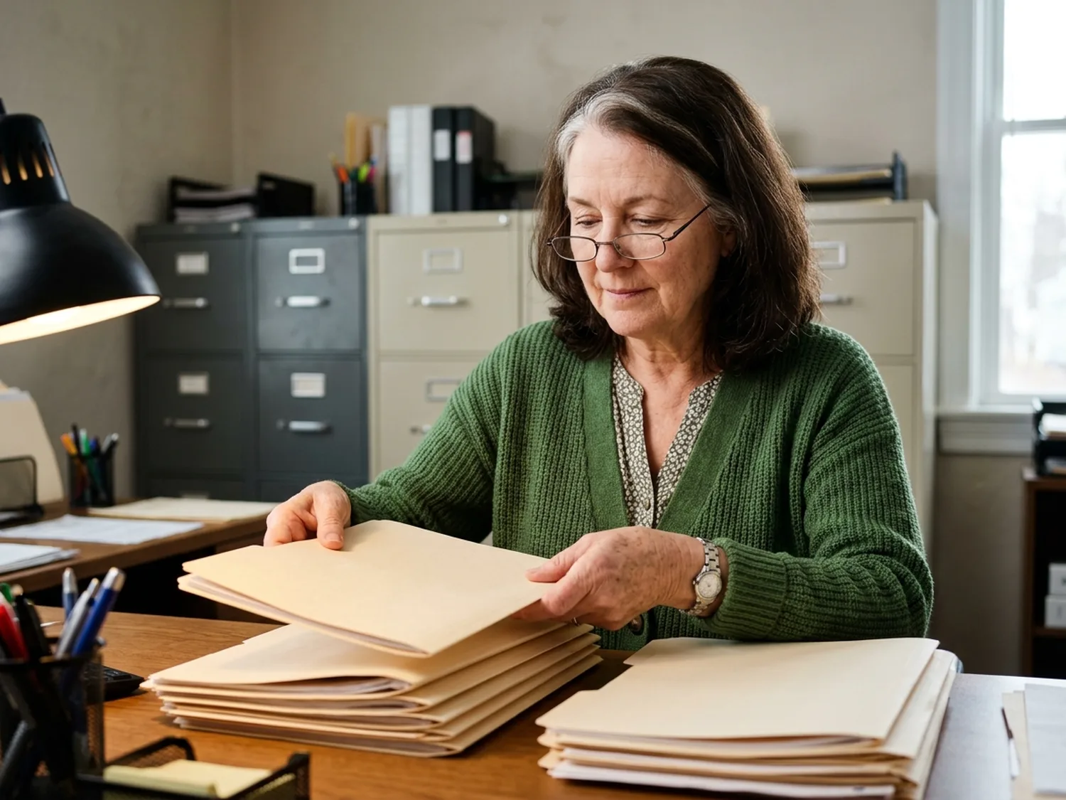 A woman around sixty with dark brown hair and reading glasses at a desk in an insurance office, sorting manila claim folders into stacks