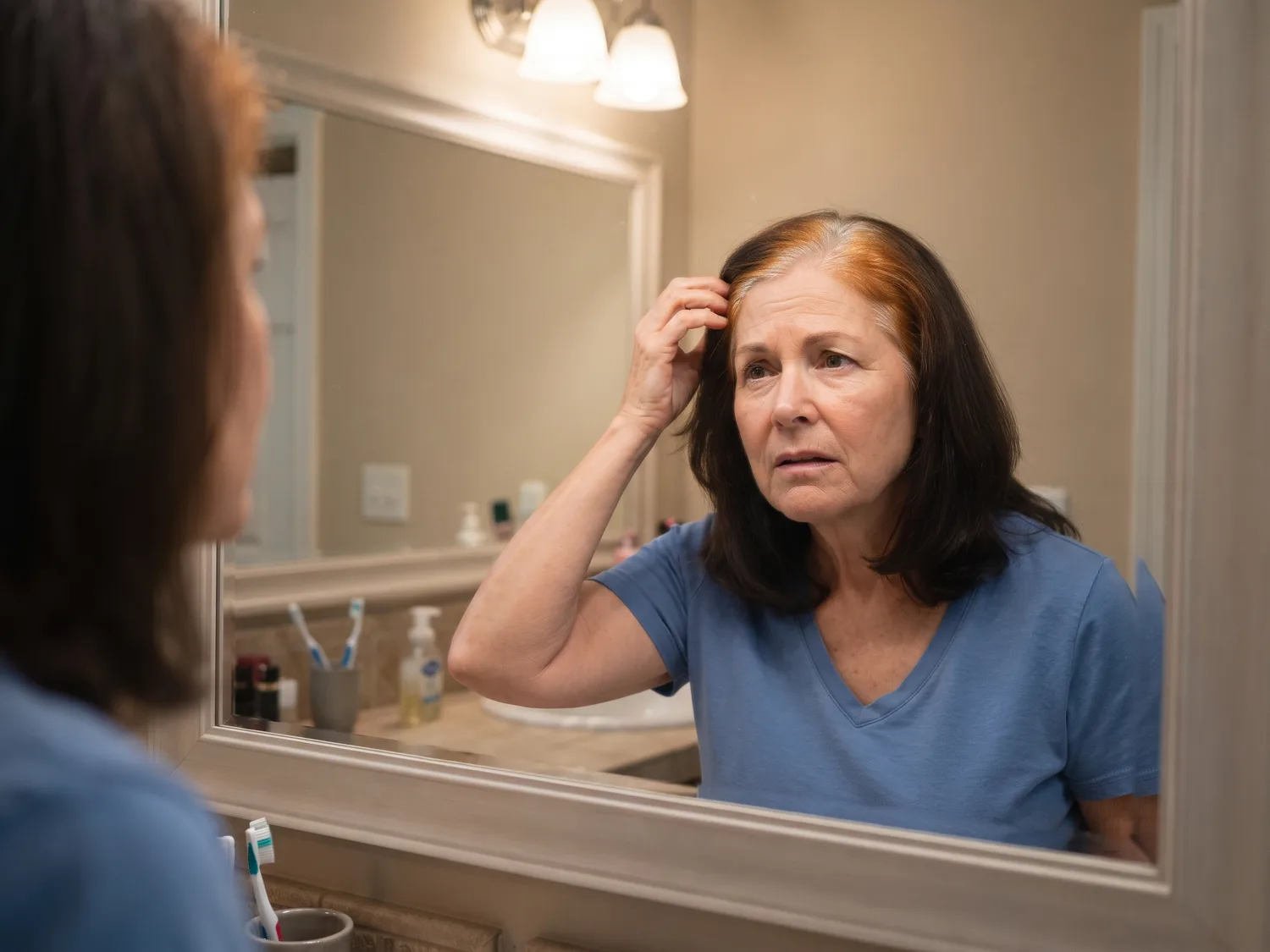 A woman around sixty in a bathroom mirror touching her temple, where the formerly white hair now has an uneven copper orange tint against her dark brown hair