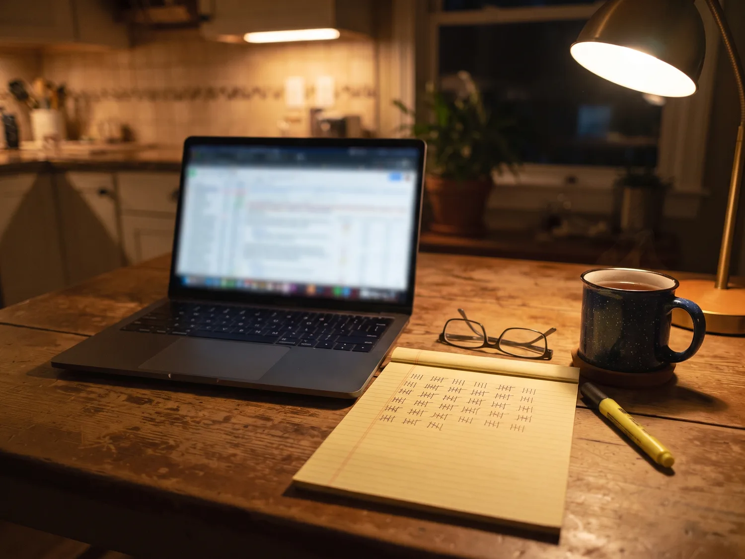 A kitchen table at night with a laptop, a yellow legal pad covered in tally marks, reading glasses, a highlighter and a mug of tea