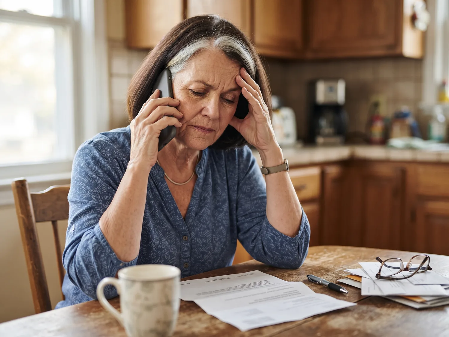 A woman in her sixties at a kitchen table holding a phone to her ear with a frustrated expression, a half-used shampoo bottle with no label beside her