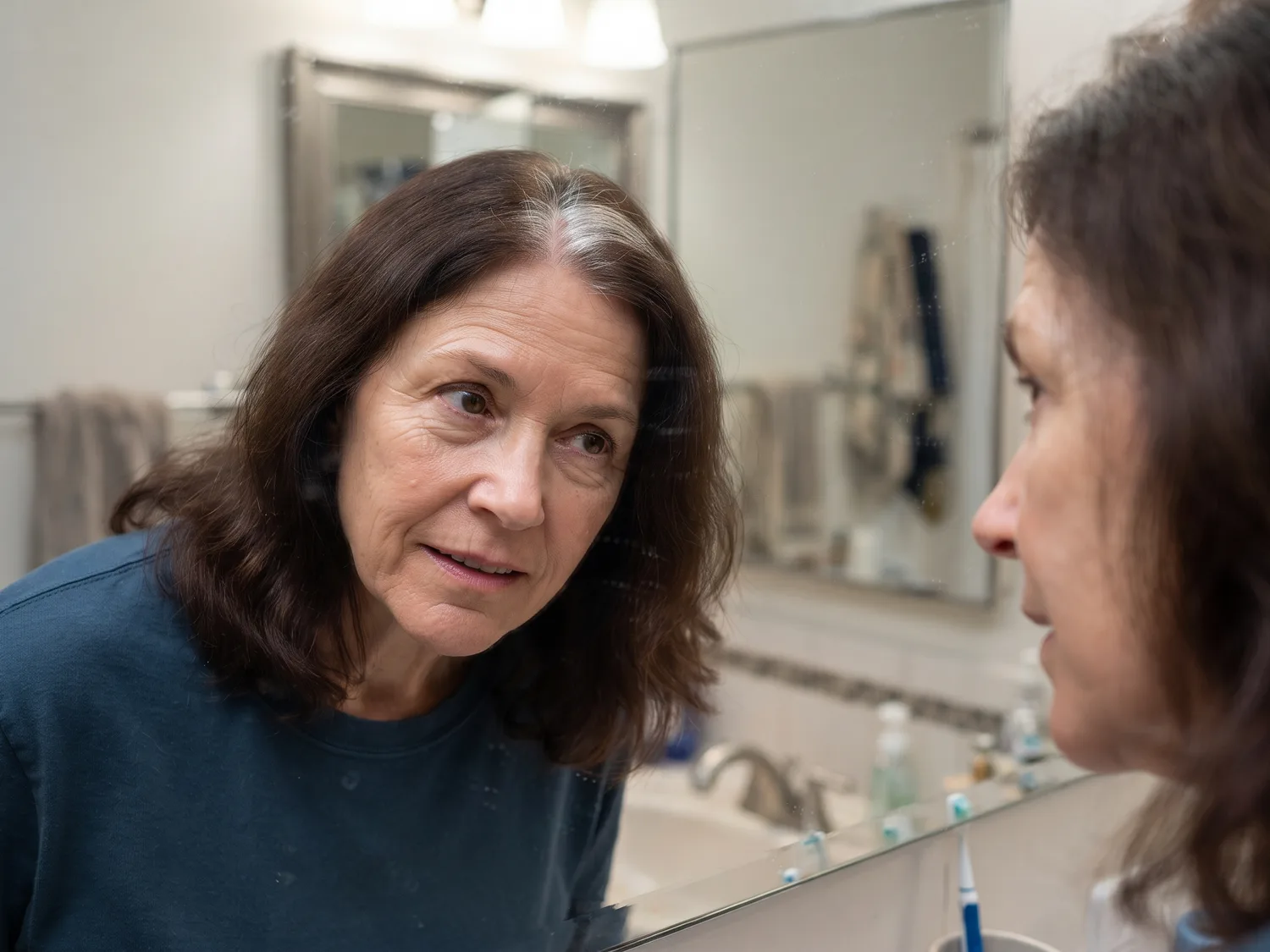 A woman around sixty looking closely in a bathroom mirror at her part, where a thin white line of regrowth shows against her brown hair