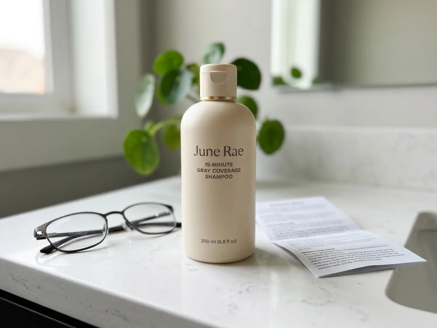 The cream June Rae gray coverage shampoo bottle standing on a bathroom counter next to reading glasses and a folded instruction sheet with no readable text