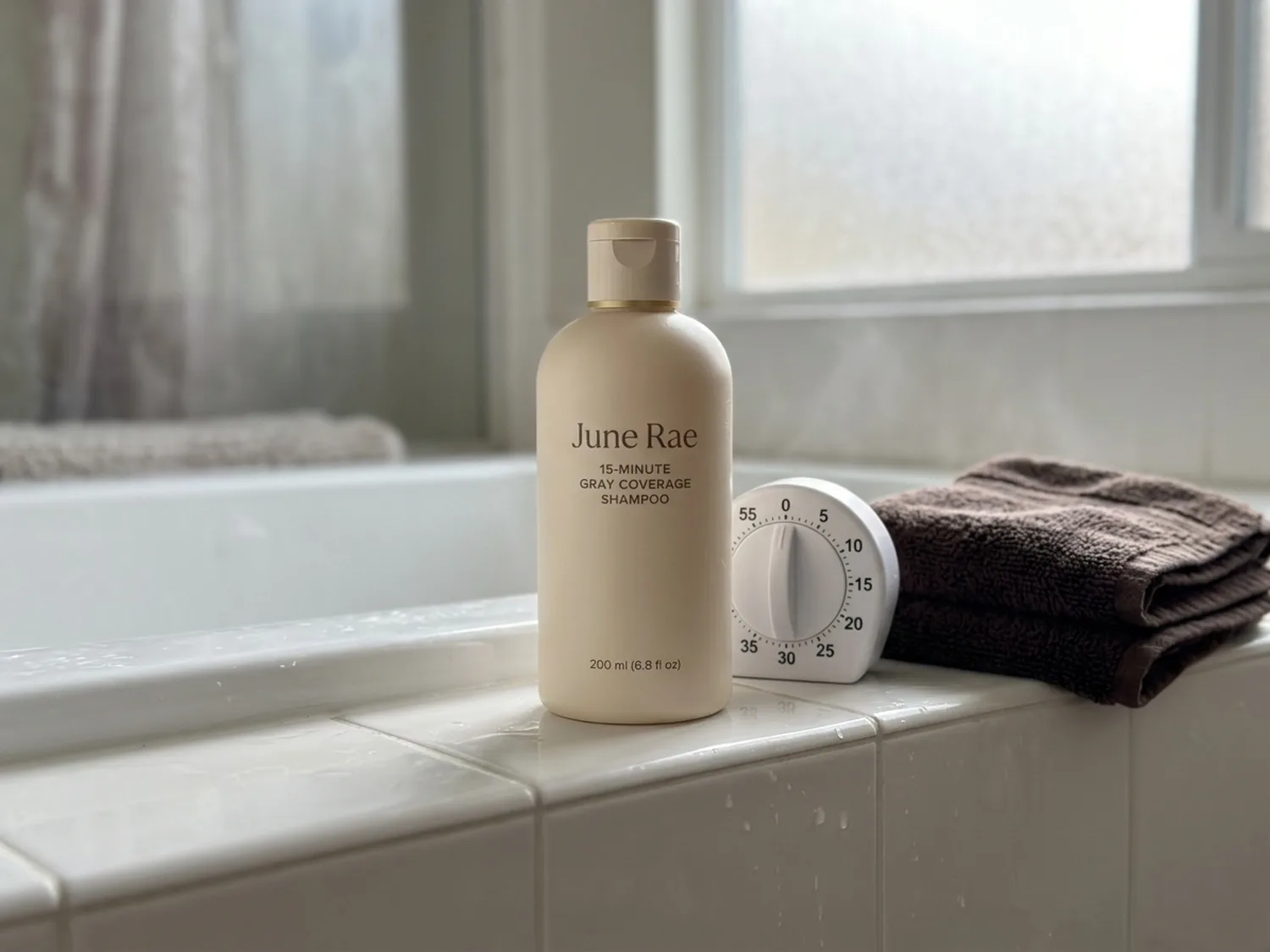 The cream June Rae bottle on the edge of a white bathtub next to a simple kitchen timer, soft morning light through a window