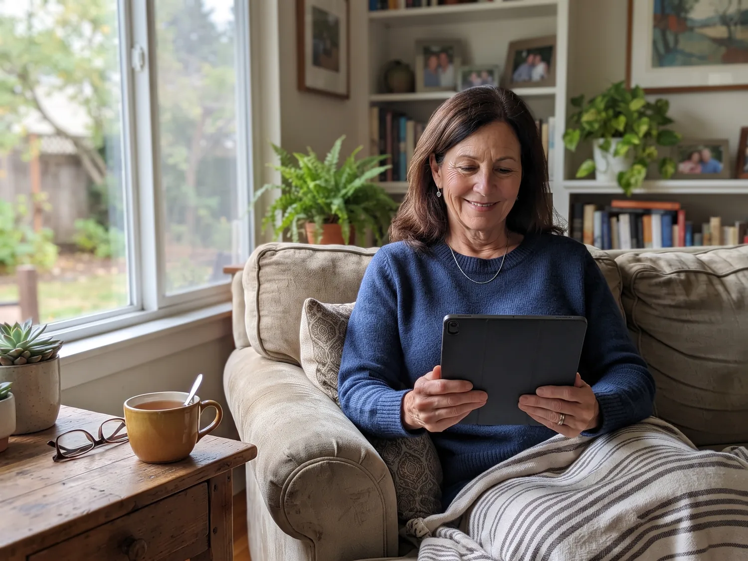 A woman around sixty reading a tablet on her sofa with a cup of tea, smiling slightly