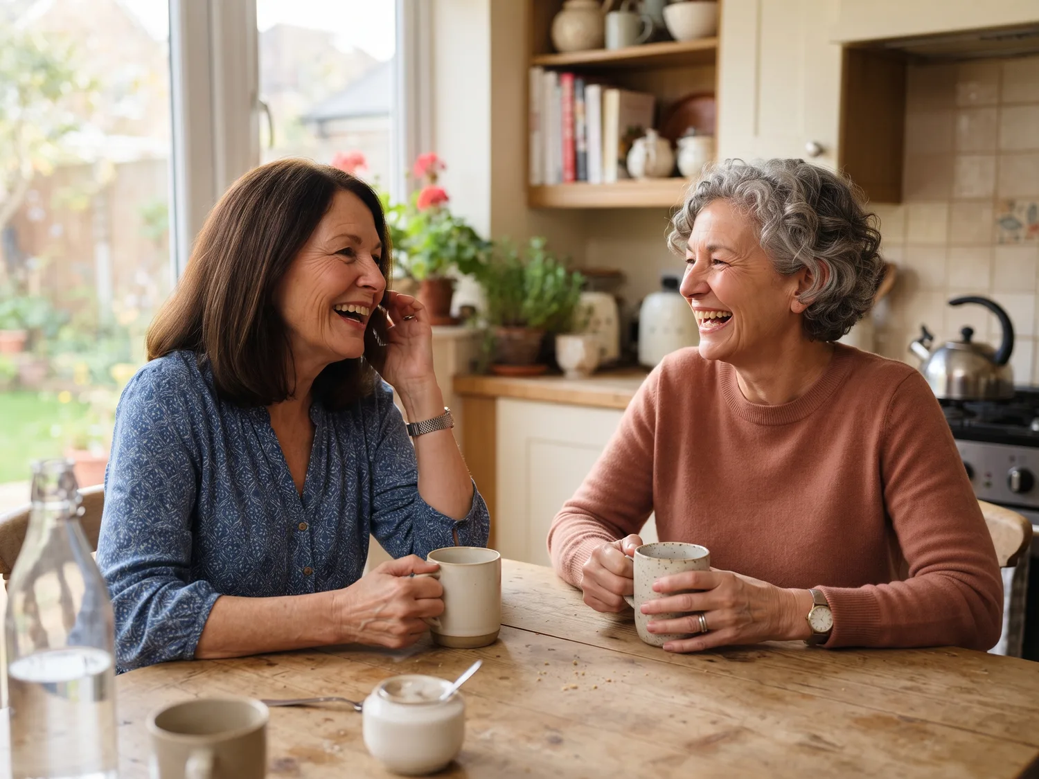Two women in their sixties chatting at a sunny kitchen table over coffee, one touching her own evenly colored dark hair