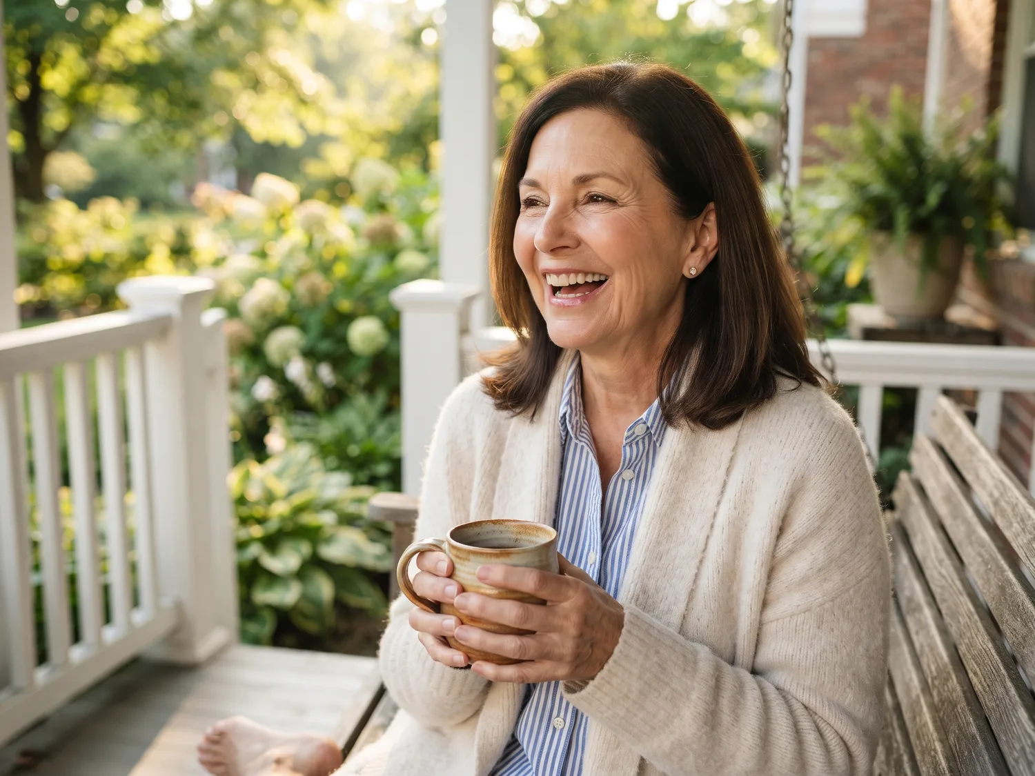A woman around sixty with evenly colored dark brown hair laughing on a sunny porch, holding a coffee mug